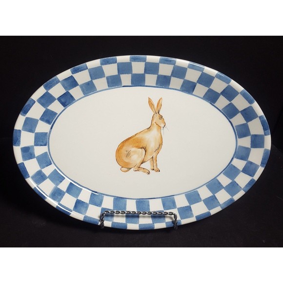 Easter Bunny Rabbit oval serving dish plate Blue Gingham Italian tableware - Picture 1 of 10